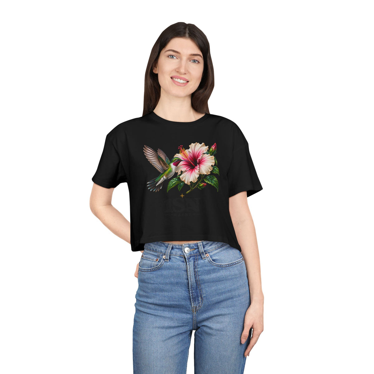 Hummingbird & Hibiscus Crop Tee — Floral Garden Graphic Women's Top
