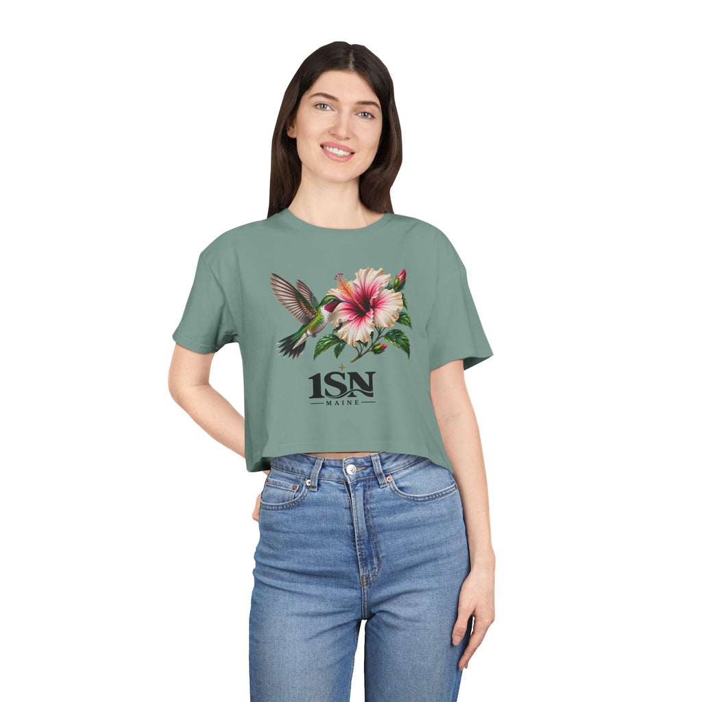 Hummingbird & Hibiscus Crop Tee — Floral Garden Graphic Women's Top