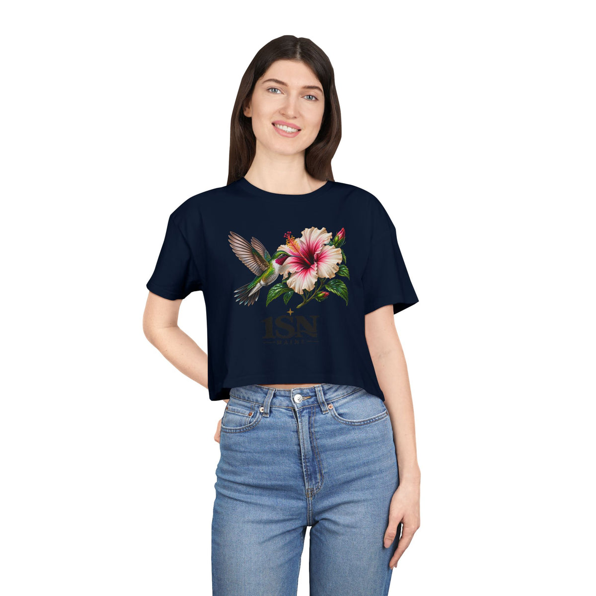 Hummingbird & Hibiscus Crop Tee — Floral Garden Graphic Women's Top