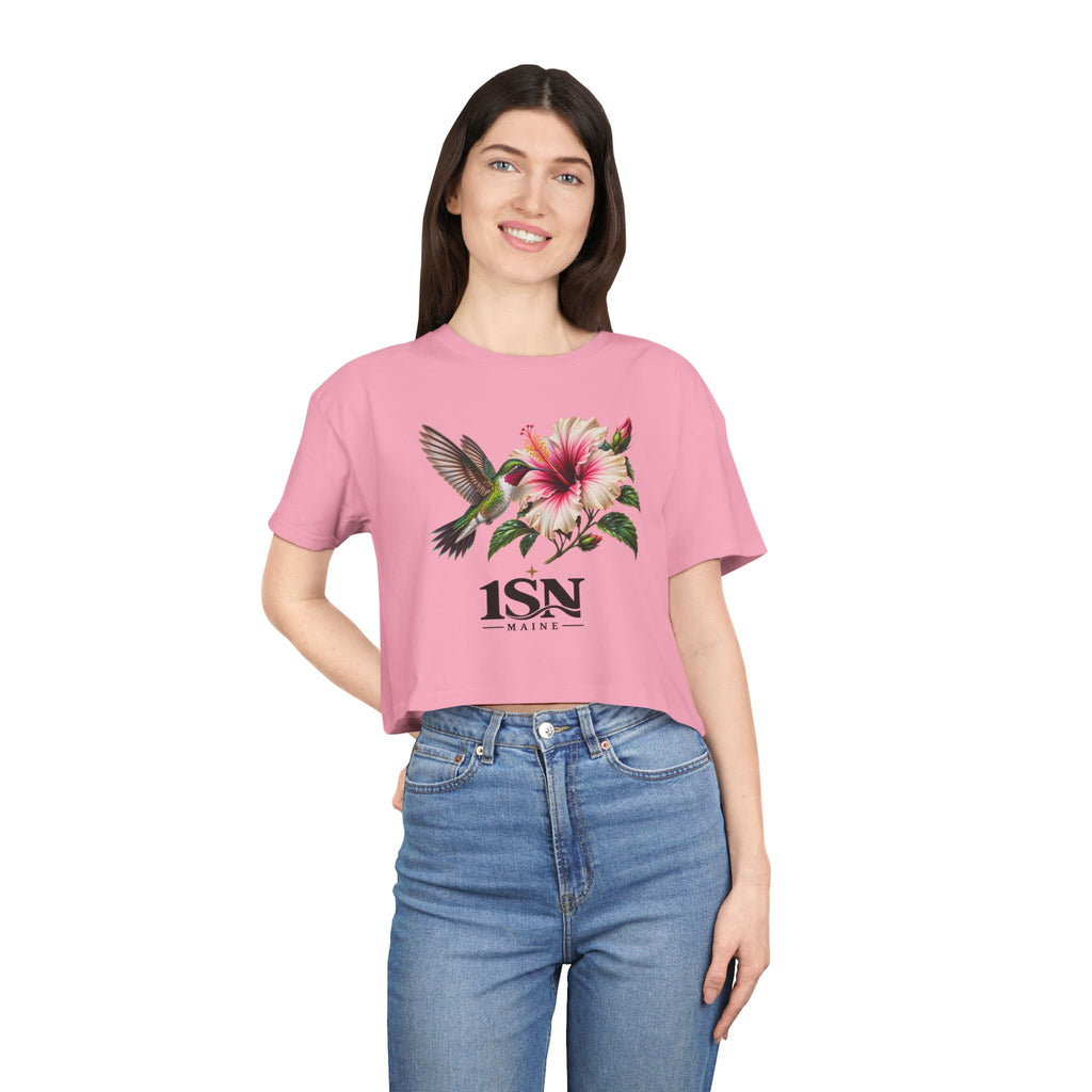 Hummingbird & Hibiscus Crop Tee — Floral Garden Graphic Women's Top
