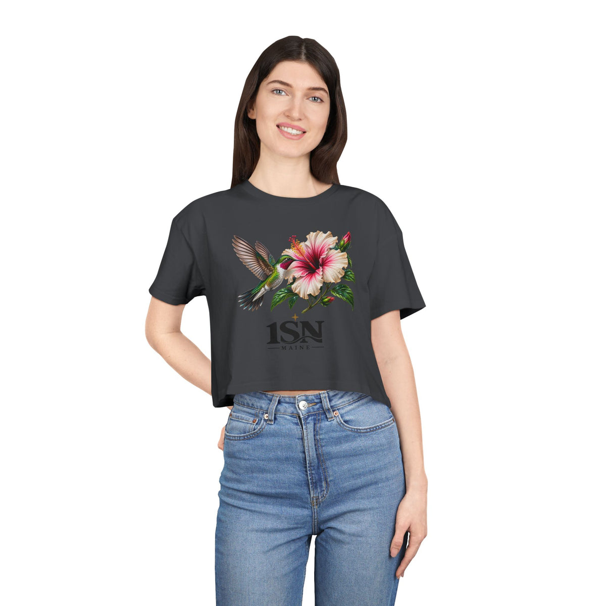 Hummingbird & Hibiscus Crop Tee — Floral Garden Graphic Women's Top