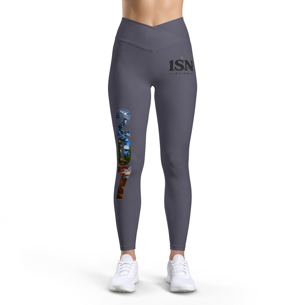 1SN 207 Women’s Luxe Leggings — V-Cut Waist Athletic Yoga Pants with Scenic Number Print