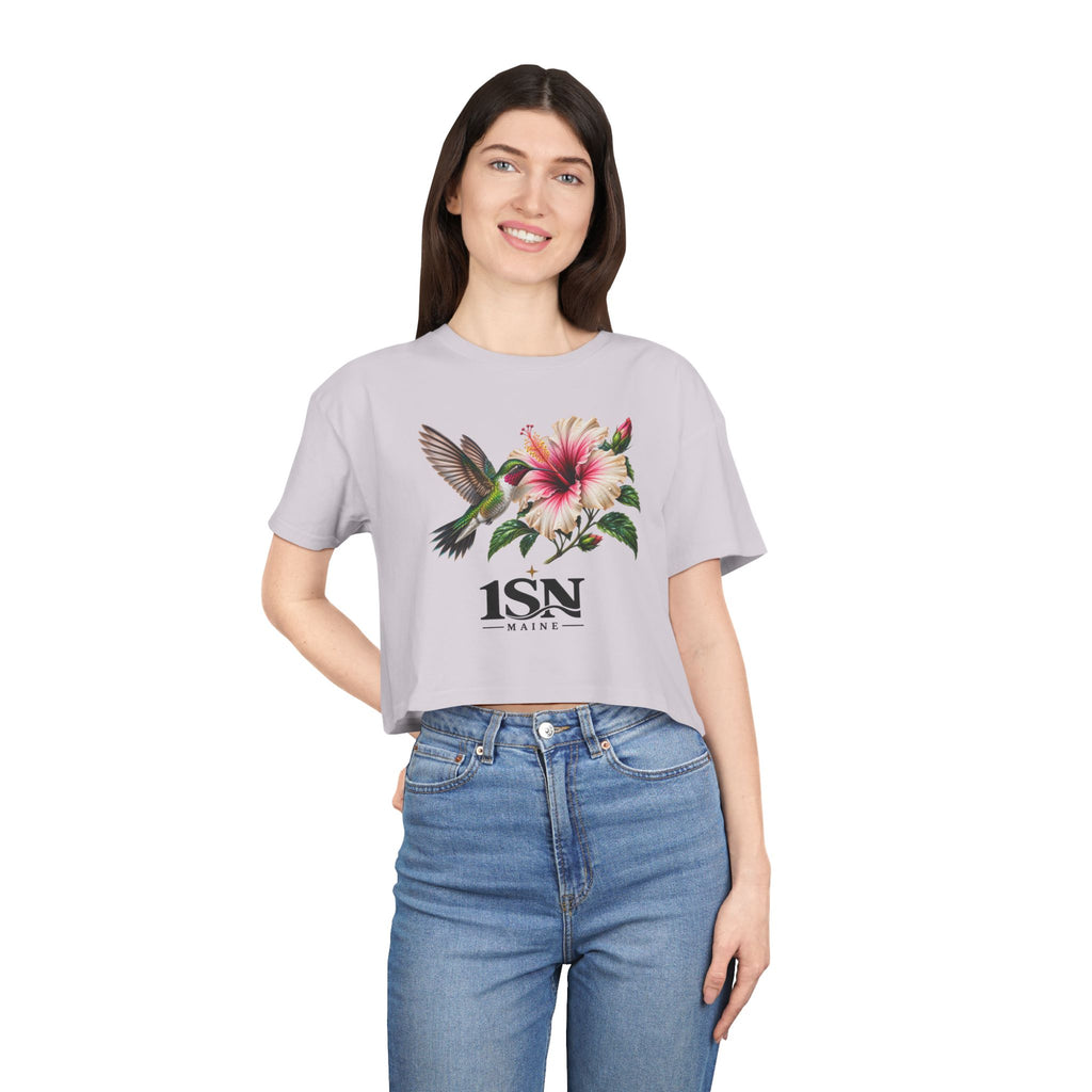 Hummingbird & Hibiscus Crop Tee — Floral Garden Graphic Women's Top