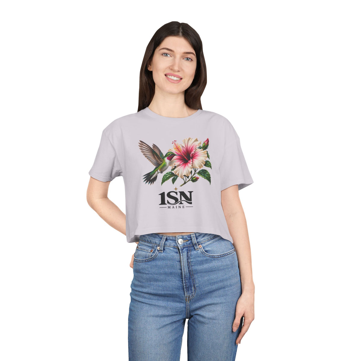 Hummingbird & Hibiscus Crop Tee — Floral Garden Graphic Women's Top