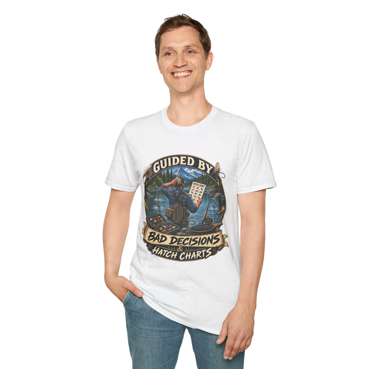 T-Shirt — "Guided By Bad Decisions" Fishing Hatch Chart Graphic Tee