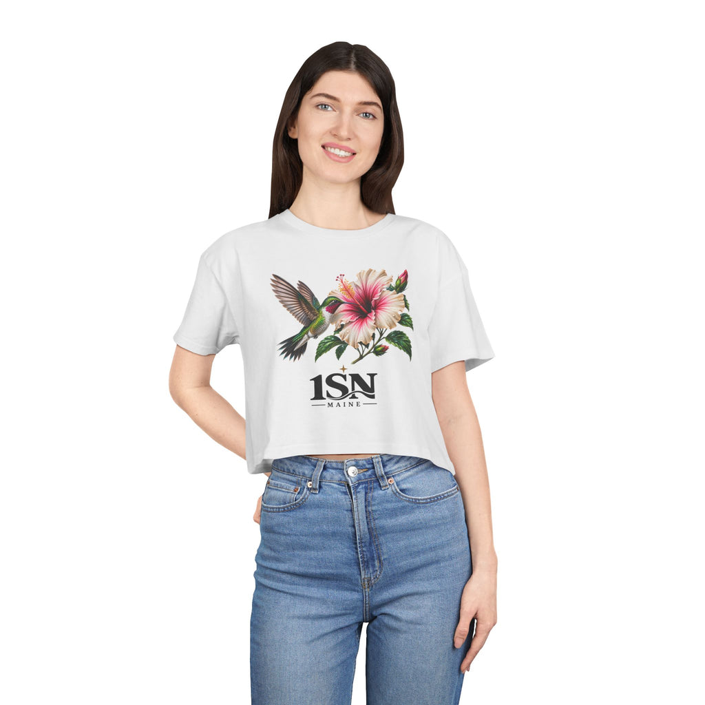 Hummingbird & Hibiscus Crop Tee — Floral Garden Graphic Women's Top