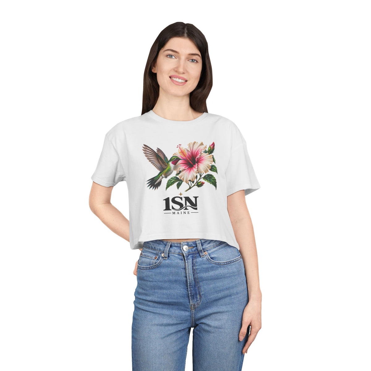 Hummingbird & Hibiscus Crop Tee — Floral Garden Graphic Women's Top