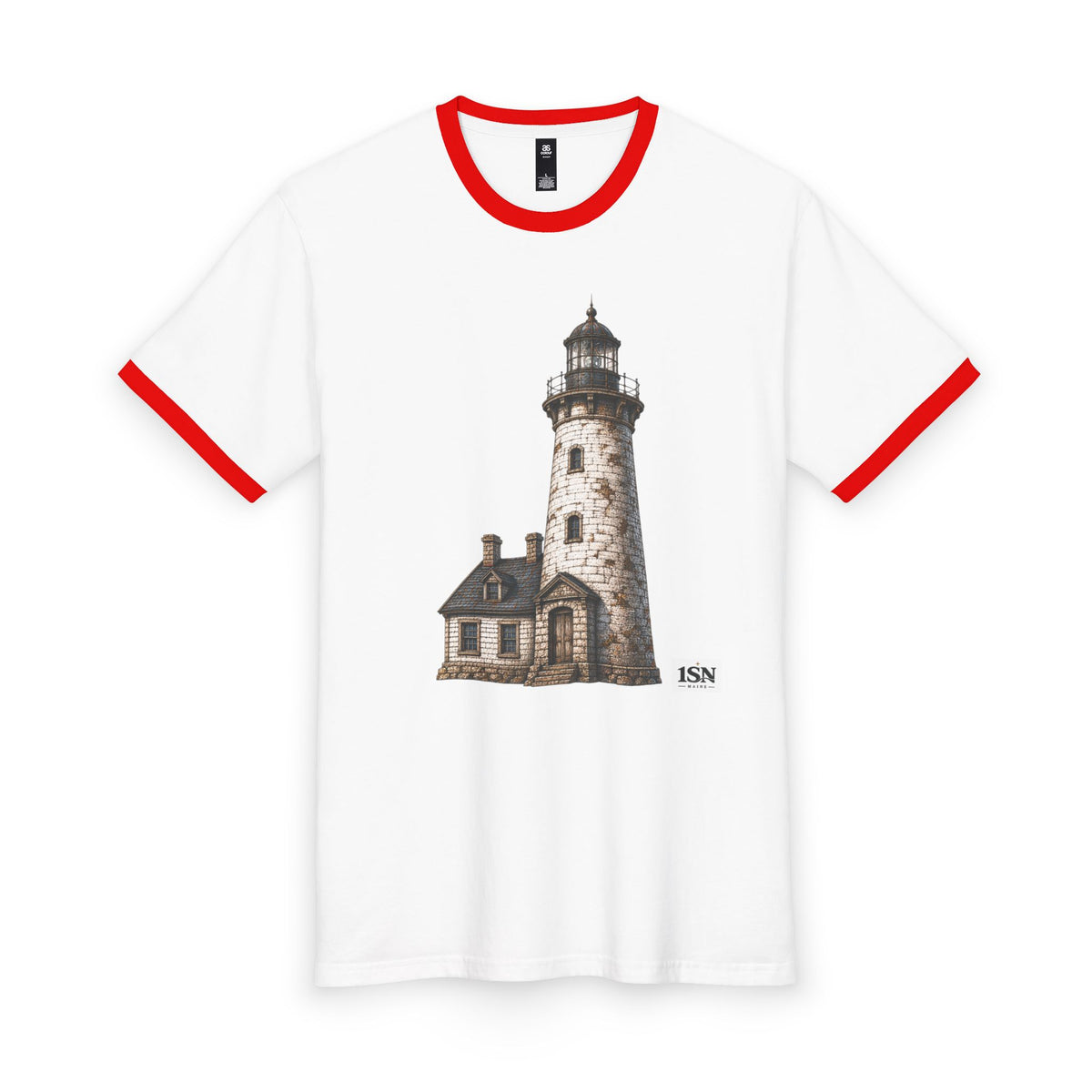 Lighthouse Sketch Ringer Tee — Vintage Coastal Men's T-Shirt